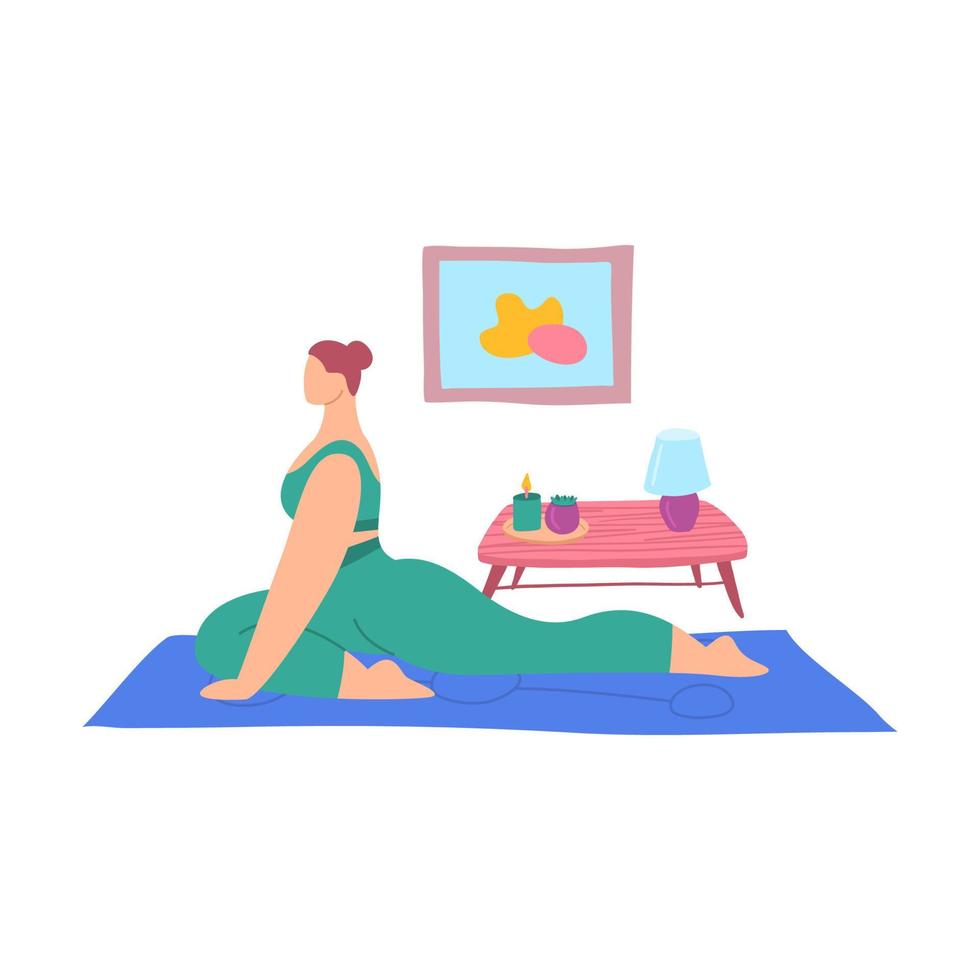 Cartoon Color Character Woman Home Yoga Kapotasana Pigeon Position Concept. Vector