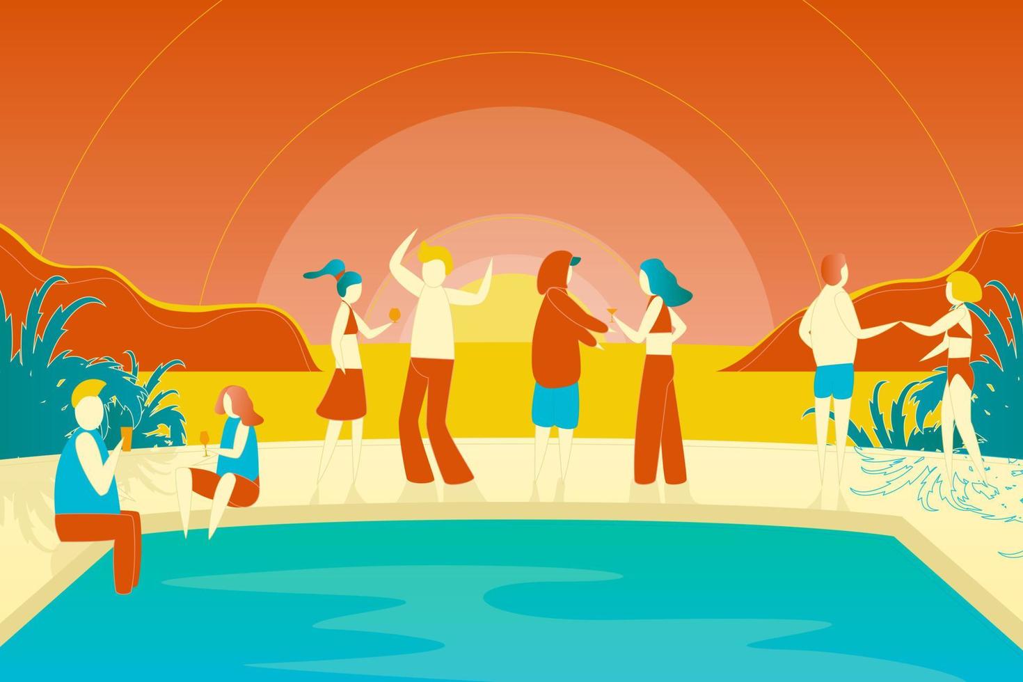 Cartoon Color Characters People and Pool Party Concept. Vector