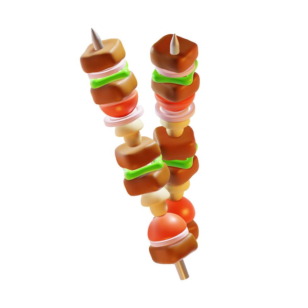 3d Kebab or Barbecue on a Skewer Food Meat Set Plasticine Cartoon Style Isolated on a White Background. Vector illustration