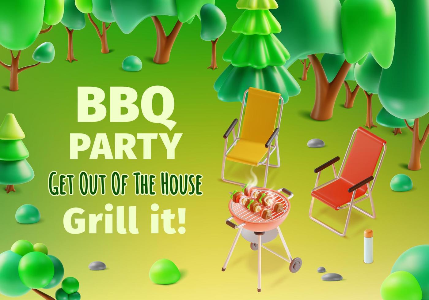 3d Bbq Party Ads Banner Concept Poster Card Plasticine Cartoon Style . Vector illustration of Grilled Kebab or Barbecue