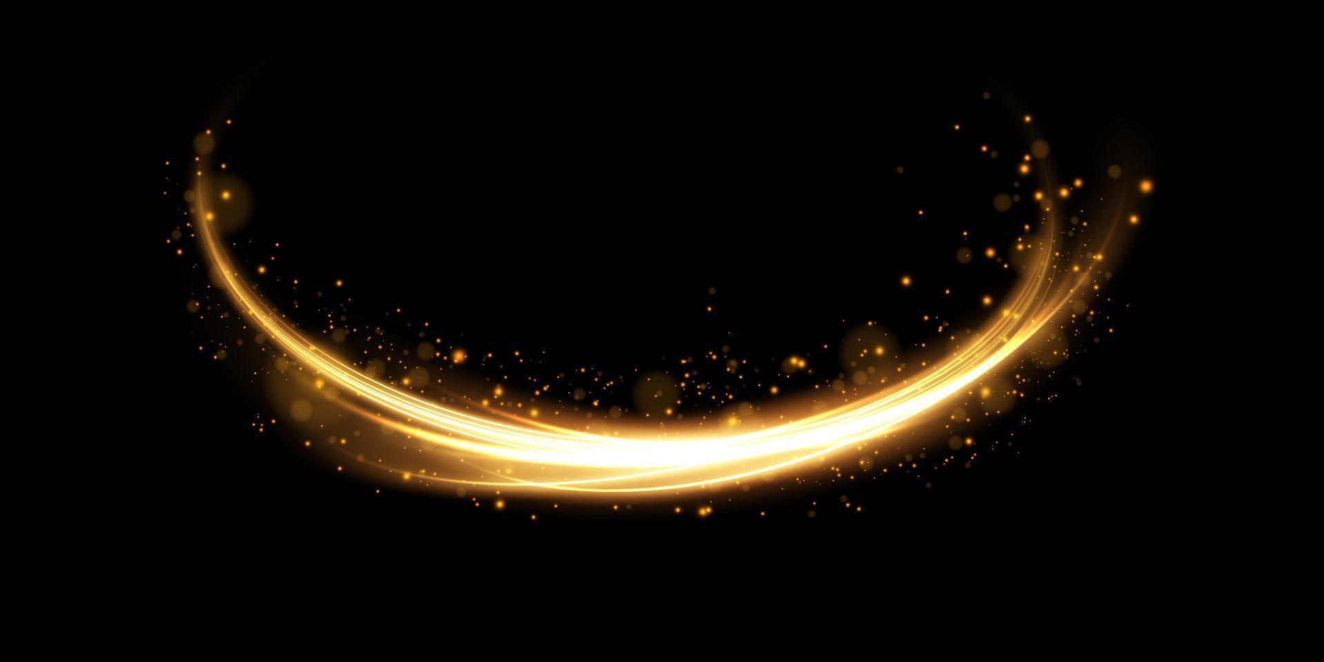 Abstract light lines of motion and speed in golden color. Light everyday glowing effect. semicircular wave, light trail curve swirl vector