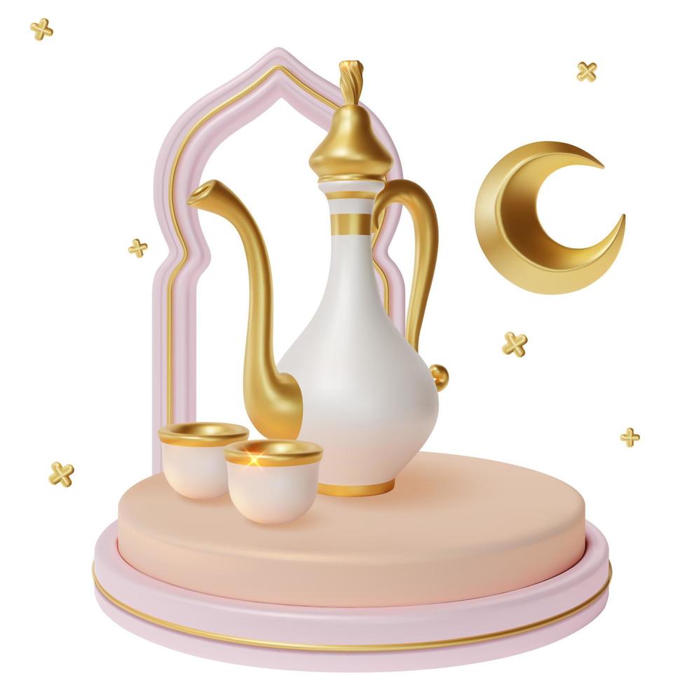 3d Ramadan Kareem Concept with Islamic Water Jar Kumgan Plasticine Cartoon Style. Vector