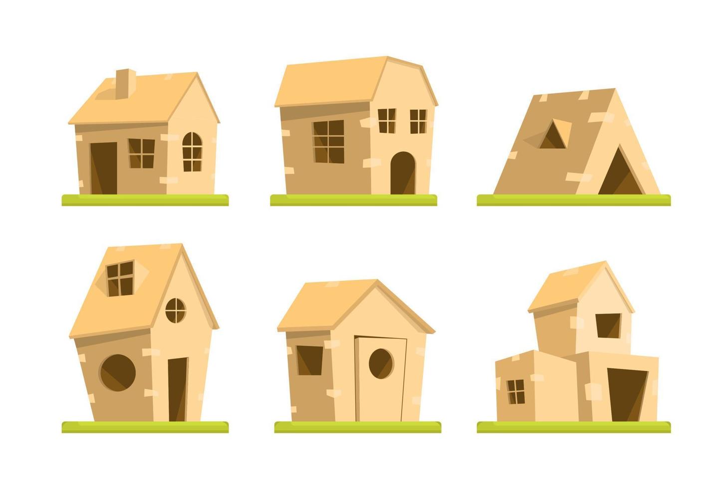 Cartoon Color Different Kid Cardboard Boxes Houses Set. Vector