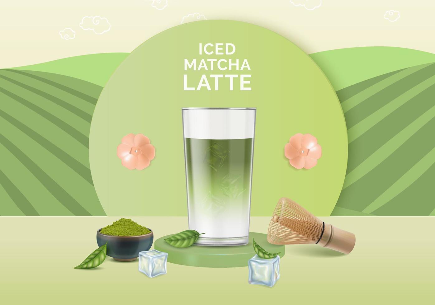 Realistic Detailed 3d Iced Matcha Latte Ads Banner Concept Poster Card. Vector