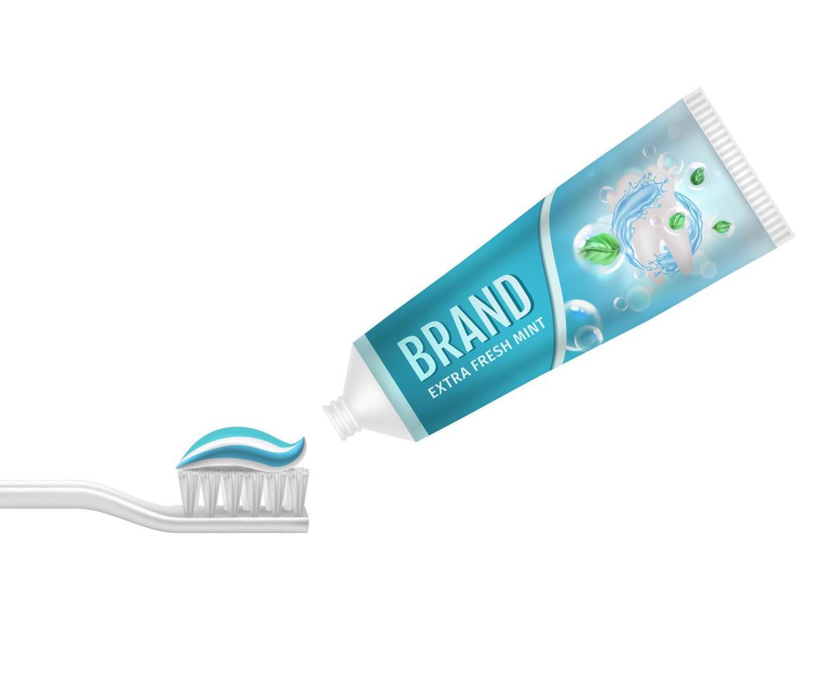 Realistic Detailed 3d Toothpaste Extra Fresh Mint on Toothbrush. Vector
