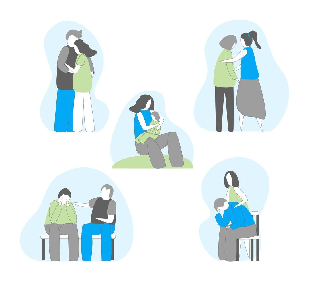 Cartoon Color Characters People and Comforting Each Other Concept. Vector