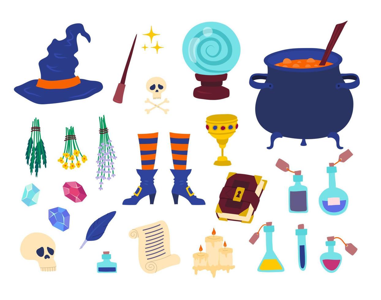Cartoon Color Witch Tools Icons Set. Vector
