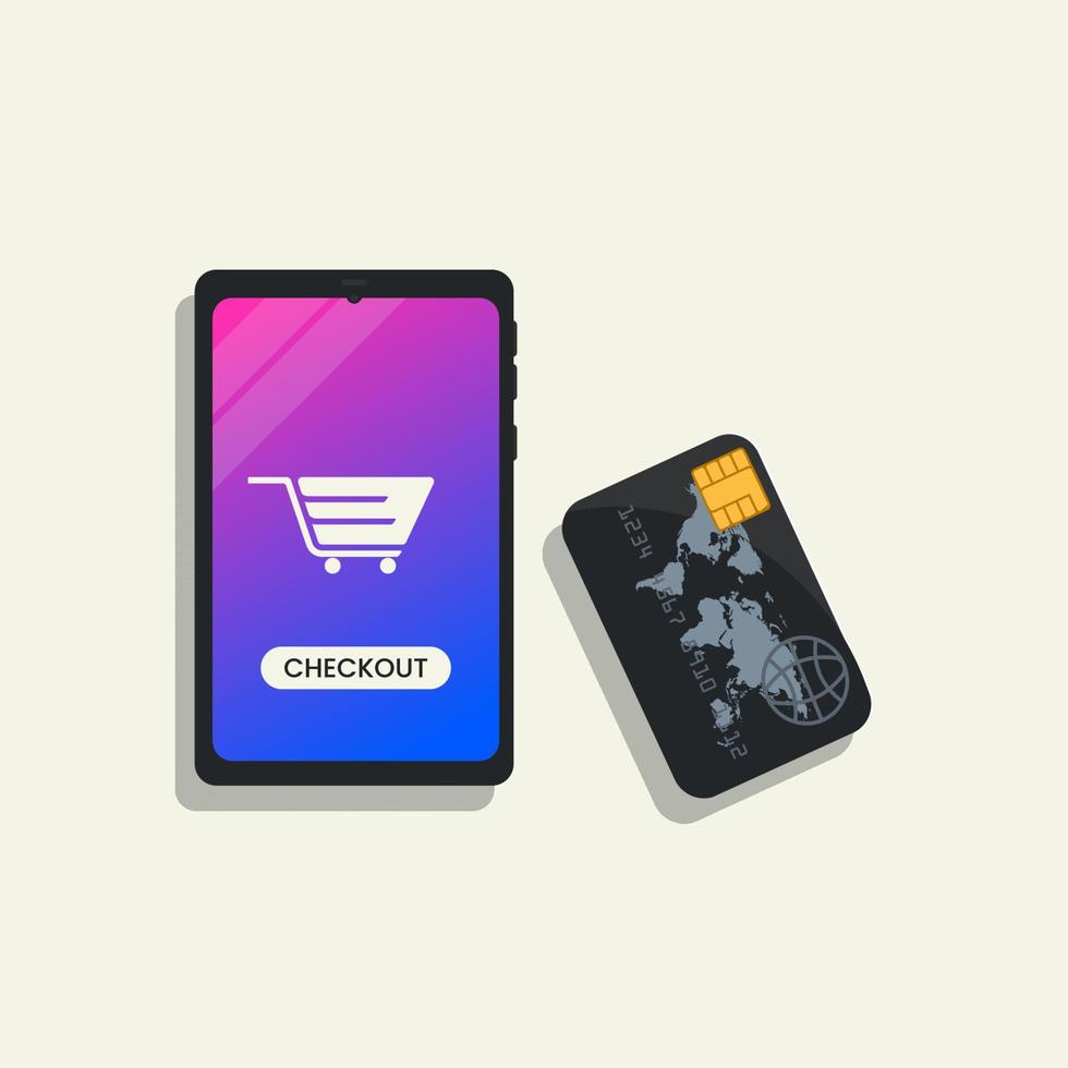 crédito tarjeta con inteligente teléfono revisa compras en línea negocio conceptual vector ilustración