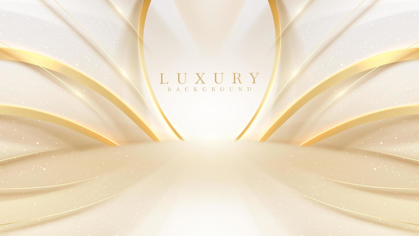 Luxury cream color background with golden line elements and curve light effect decoration and bokeh. vector