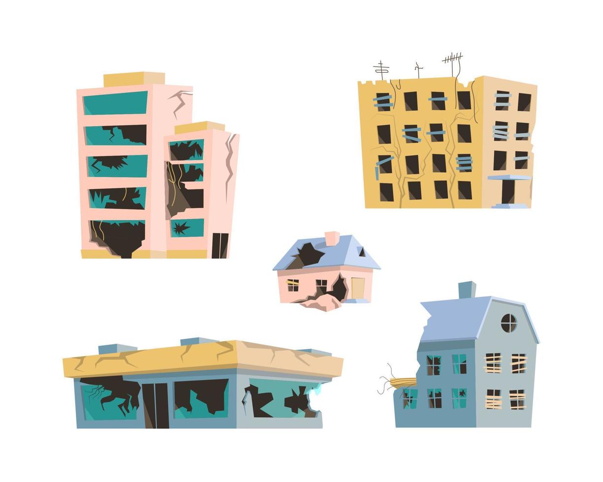 Cartoon Color Different Destroyed City Buildings Set. Vector