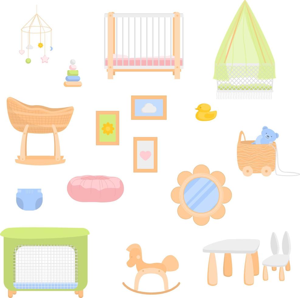 dibujos animados color recién nacido mueble y nisería interior colocar. vector