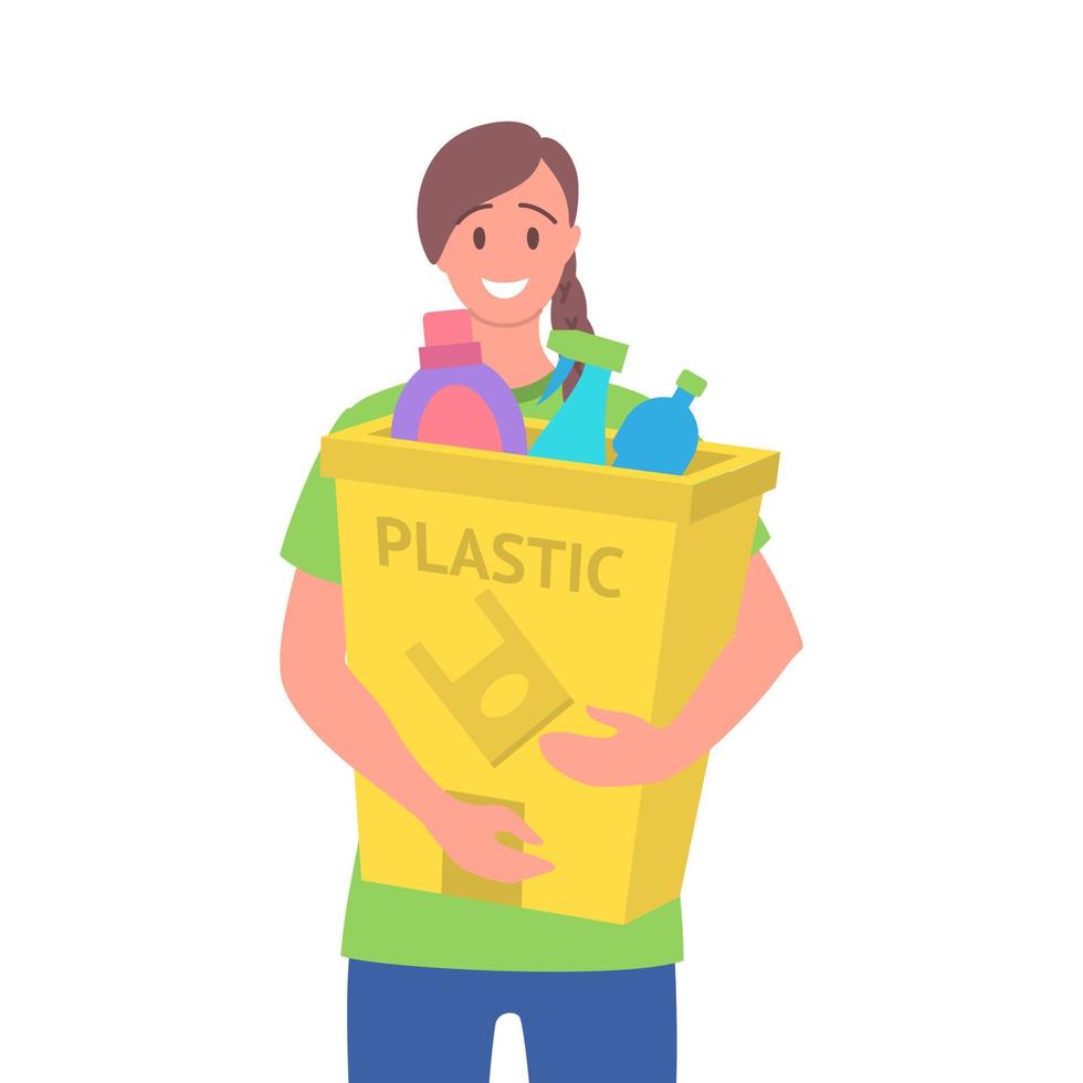 Cartoon Color Character Girl Holding Trash Bin with Plastic Concept. Vector