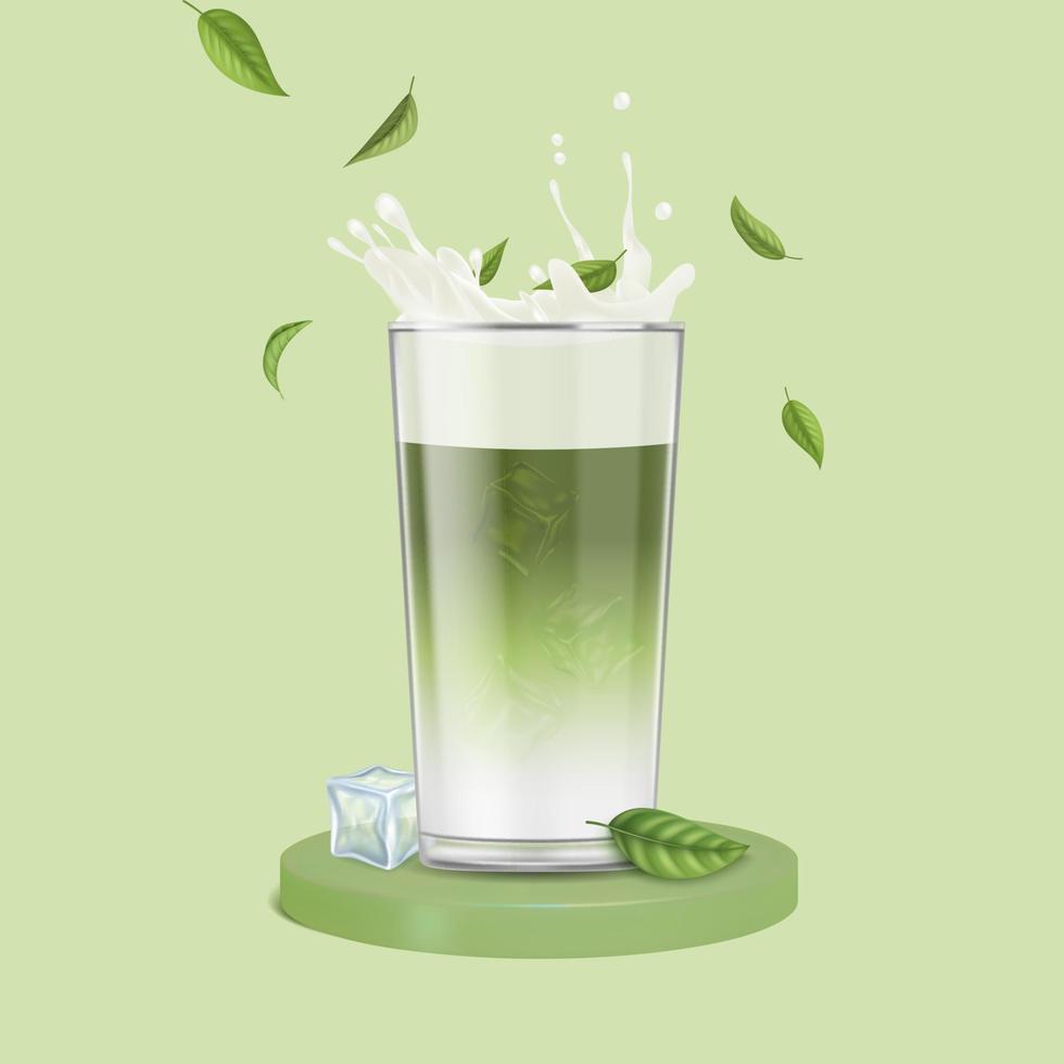 Realistic Detailed 3d Japanese Matcha Latte Drink Splashing in Glass Cup. Vector