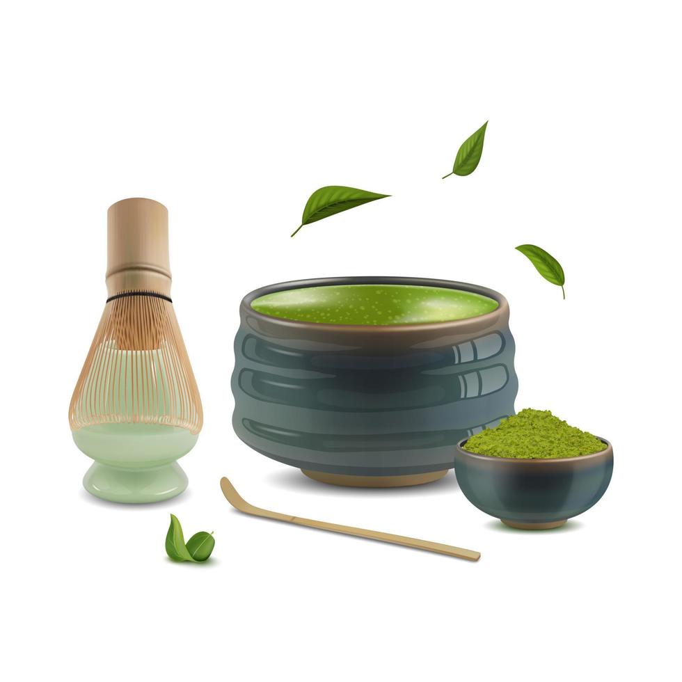 Realistic Detailed 3d Bamboo Whisk, Scoop, Cup and Bowl of Green Matcha Powder Set. Vector