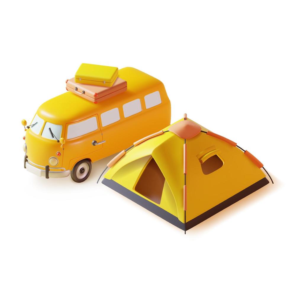 3d Camping Concept Elements Plasticine Cartoon Style Include of Camp Marquee and Yellow Camper Van. Vector illustration