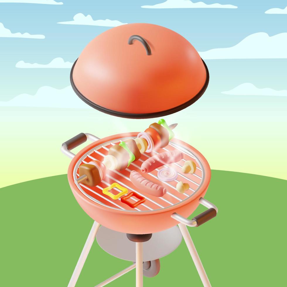 3d Barbeque Party Invitation Placard Empty Mockup Template with Round Bbq Grill Plasticine Cartoon Style . Vector illustration