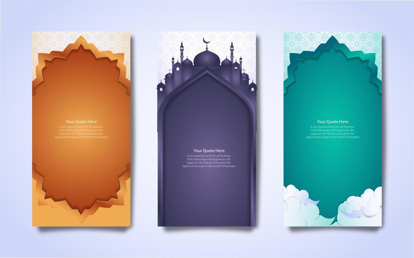 Bundle collection of eid mubarak Islamic banners in three different colors. Can be used for digital or printed banners. Vector illustration