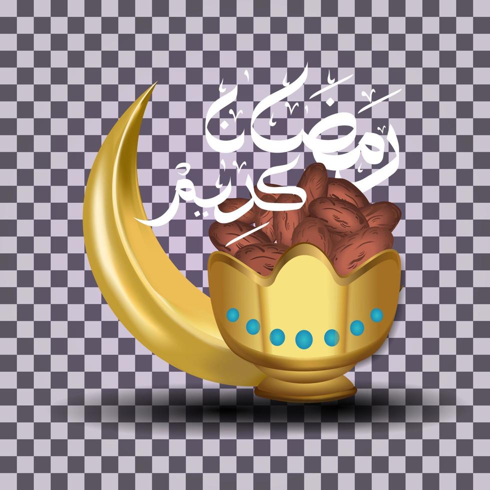 3d realistic illustration of crescent moon and date bowl golden color vector