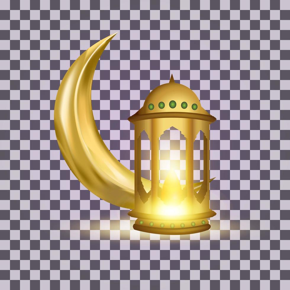 3d realistic illustration of traditional islamic arabic lantern and golden crescent moon vector