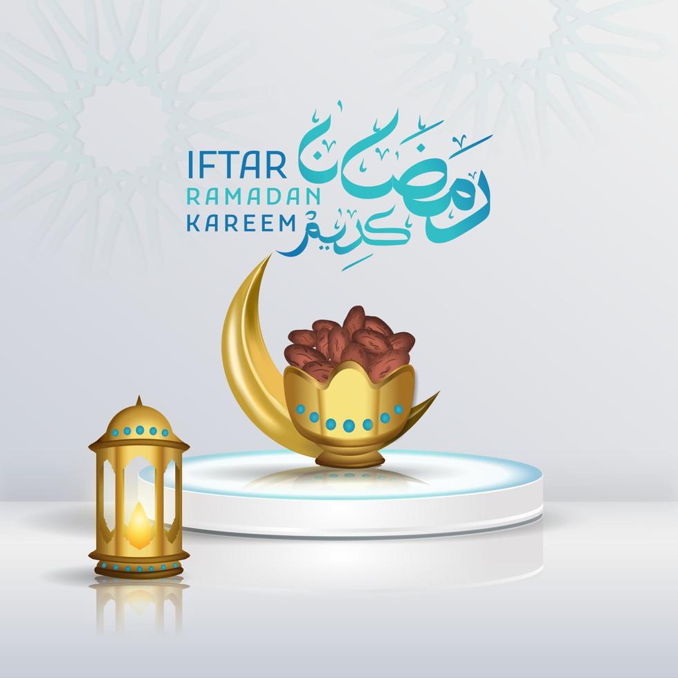 Iftar ramadan kareem greeting with calligraphic text, 3D illustration of date p vector