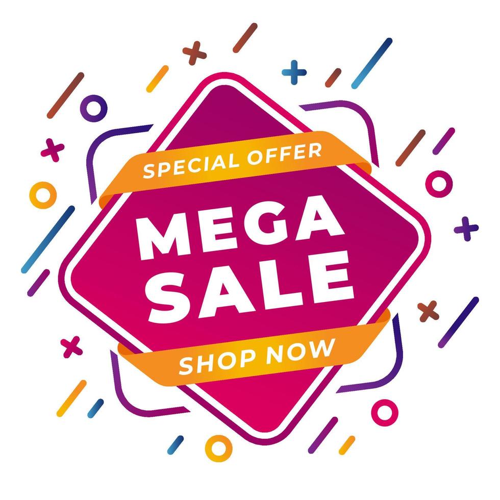 Mega Sale banner template. Inside it reads Flash Sale, Special Offer and Get Extra Discount with decorations full color gradations and abstract backgrounds vector