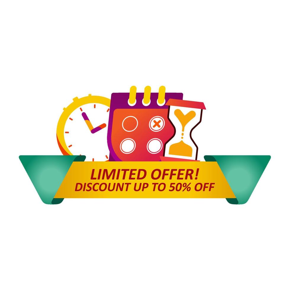 Sales countdown banner template for websites, online stores and e-commerce with watch, calendar and hourglass. Purple, red, green and yellow banners vector