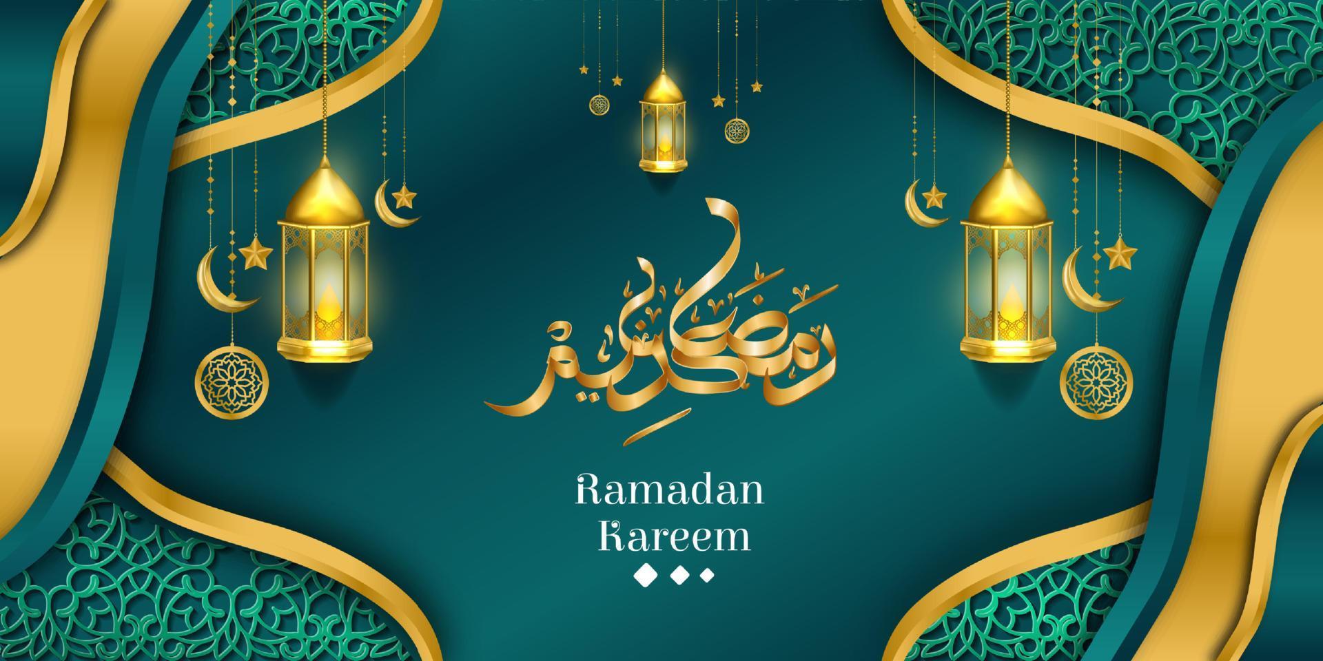 islámico saludo Ramadán kareem con linterna y Arábica caligrafía. lata ser usado como un saludo tarjeta en línea o impreso. vector ilustración