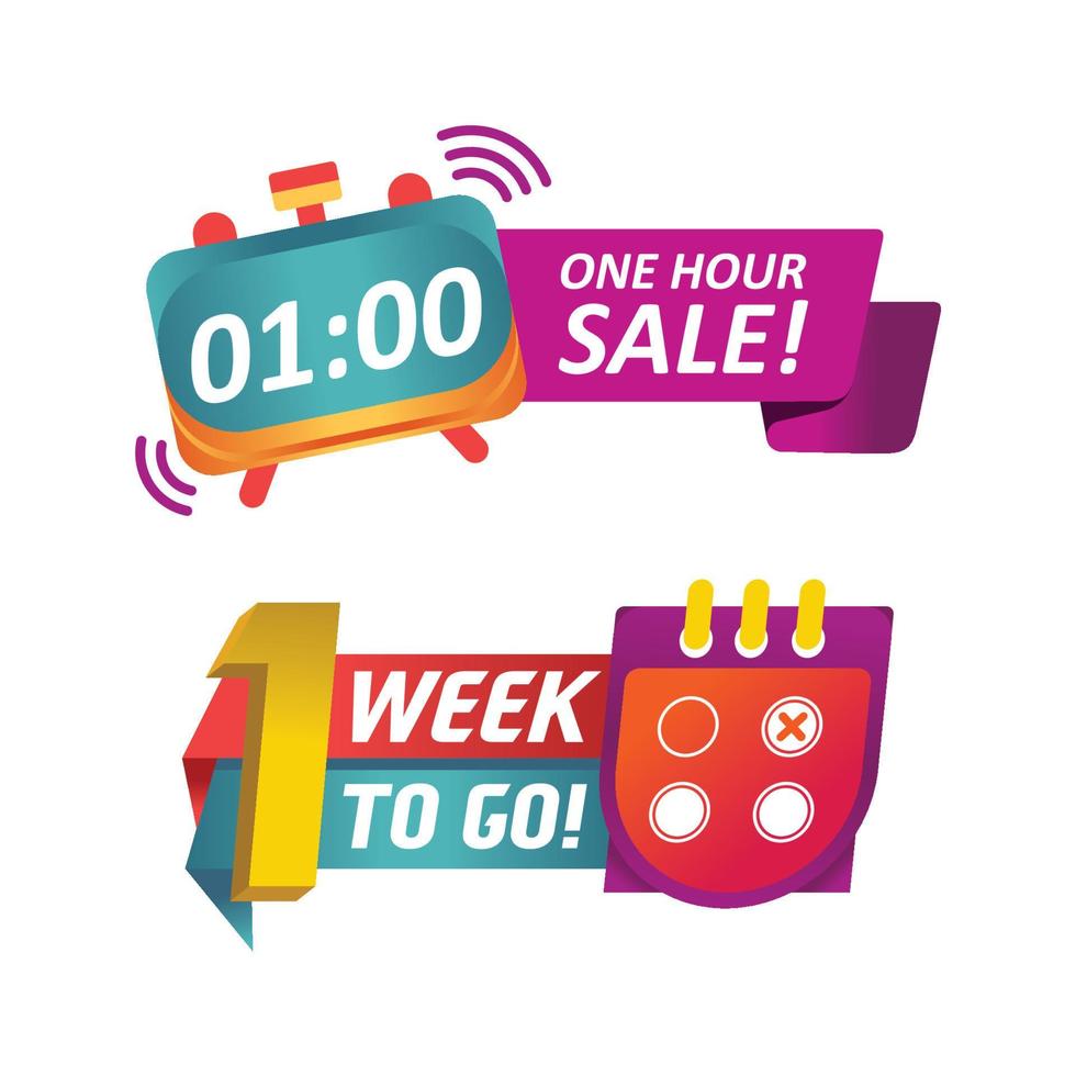 Set two countdown banner collection sales with the text one hour sale and one week to go vector