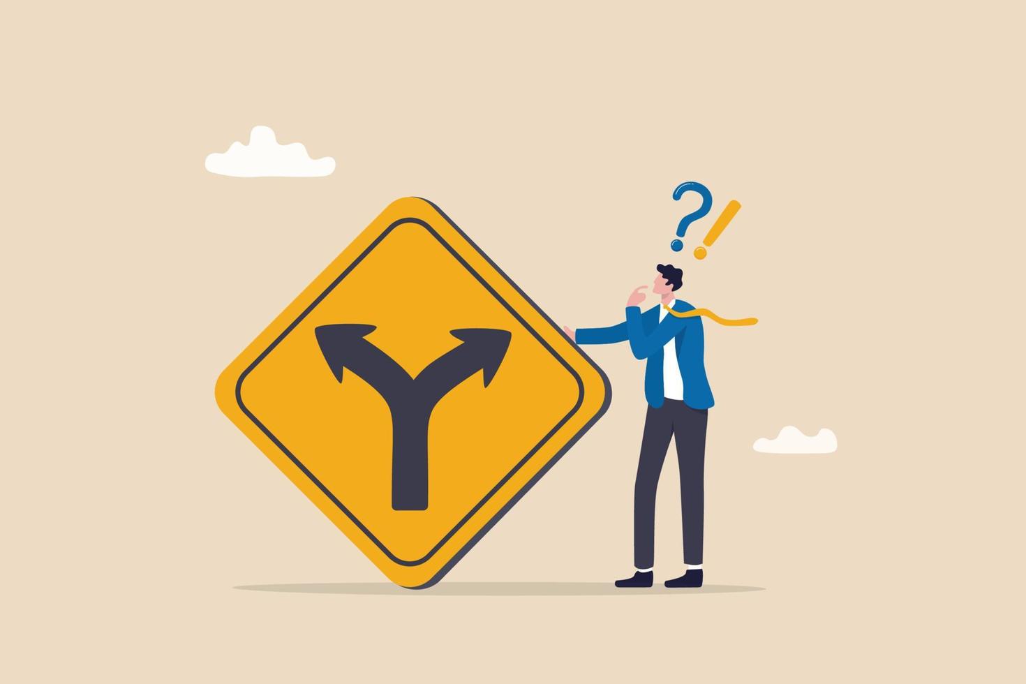 Decision to choose pathway, alternative or choice, deciding career path, determination or thinking to find solution concept, contemplation businessman thinking which way to go on folk road sign. vector