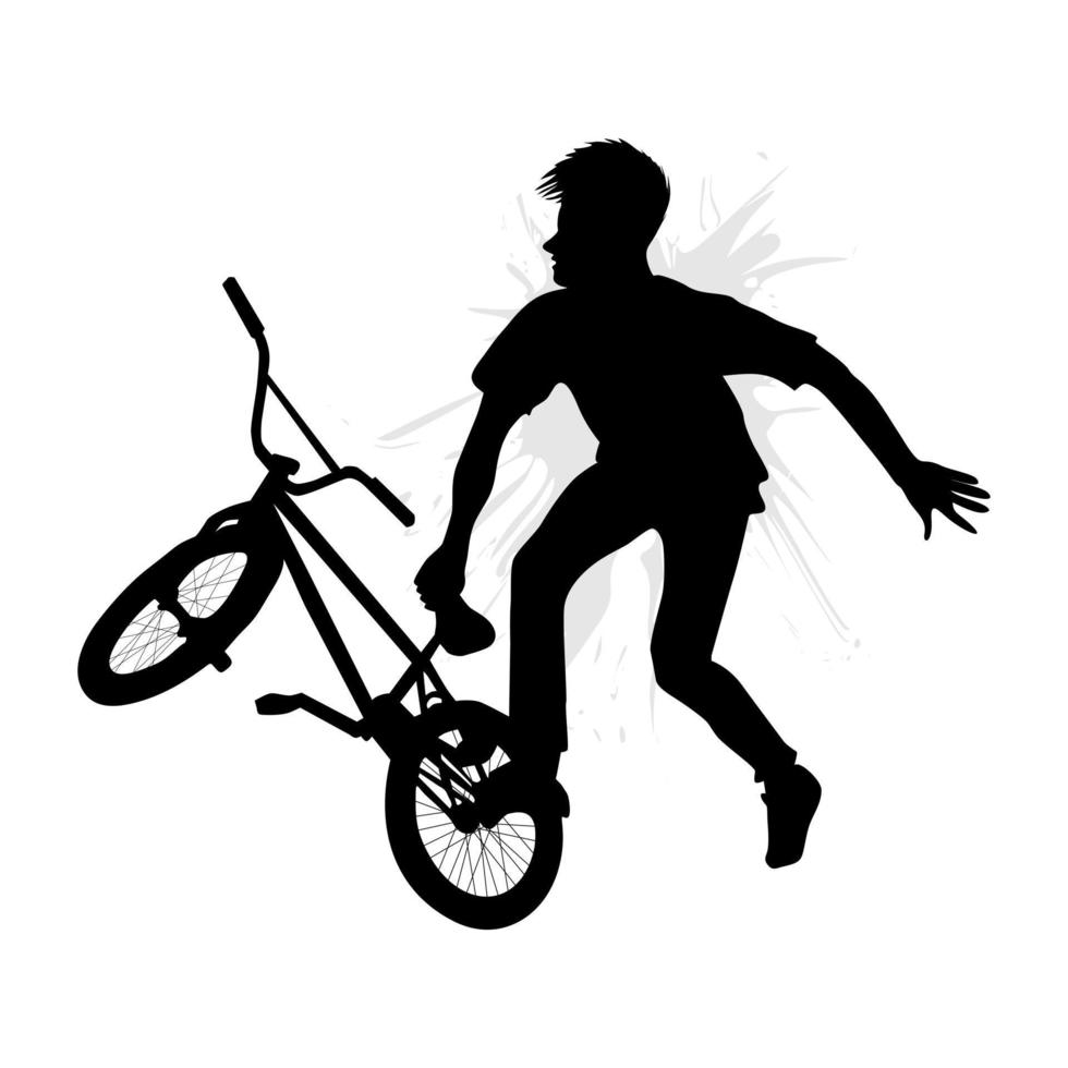 Silhouette of bmx bike player doing freestyle tricks isolated on white background. Vector illustration