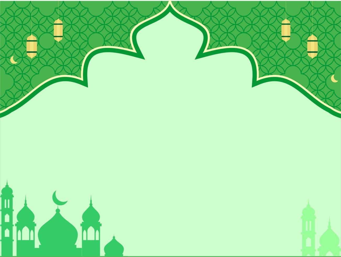 Islamic green background with mosque, lamp, moon, and seamless pattern