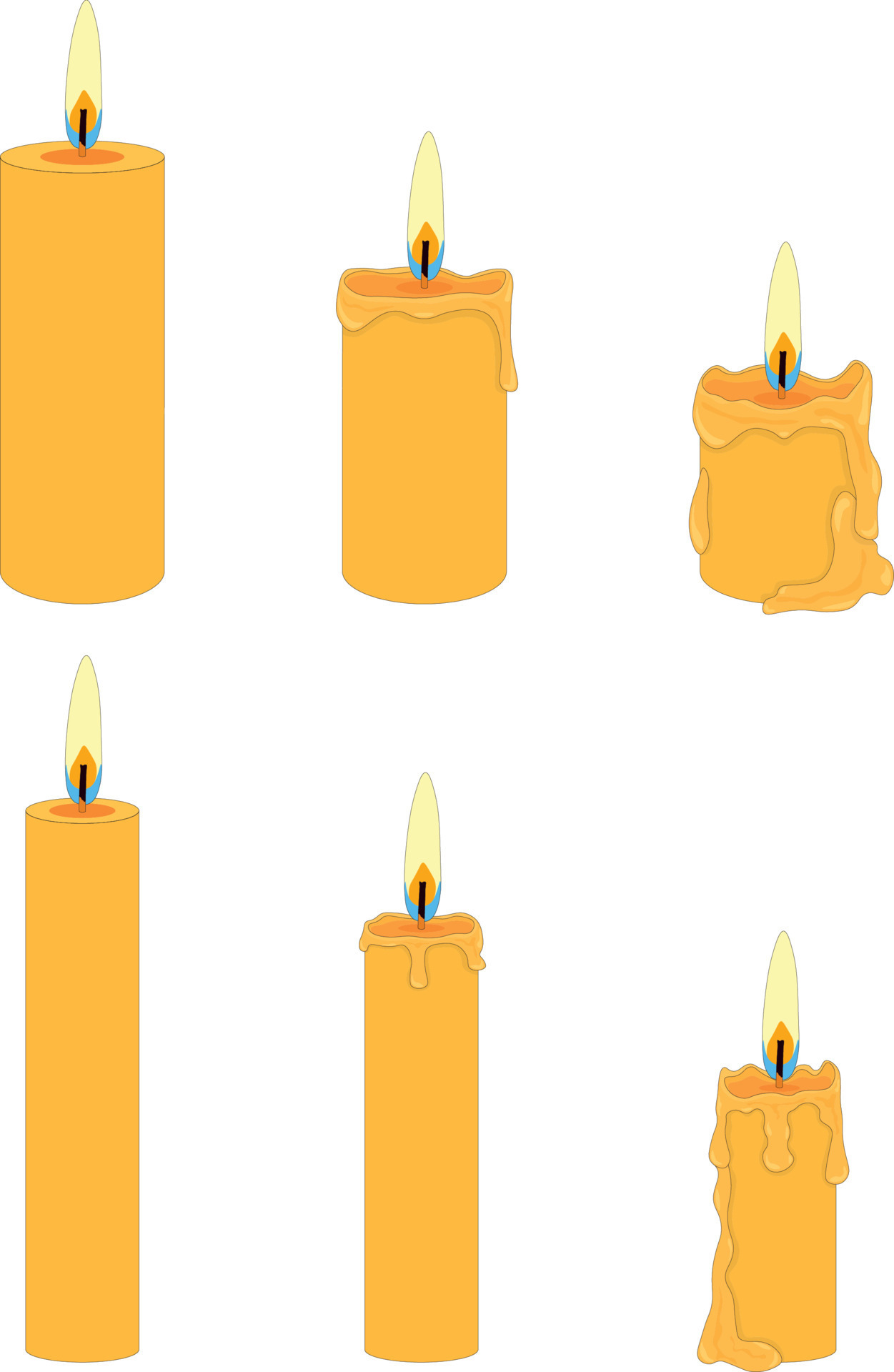 Collection of thin and thick wax candles at different stages of