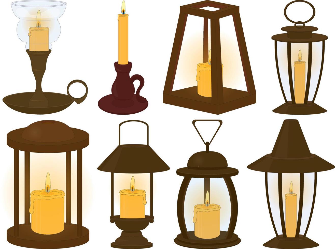 Collection of thin and thick wax candles, cadlesticks, lamps and lanterns vector illustration