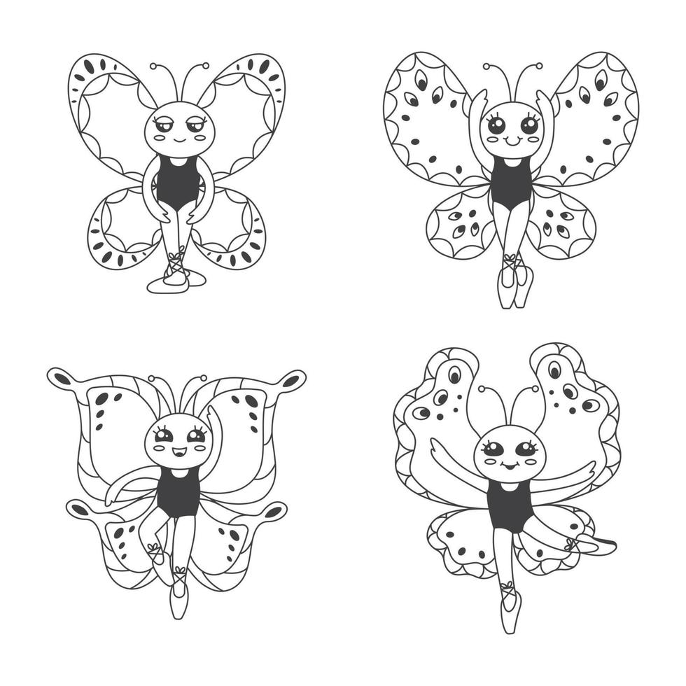 Cute ballerina butterflies, black and white outline illustration vector