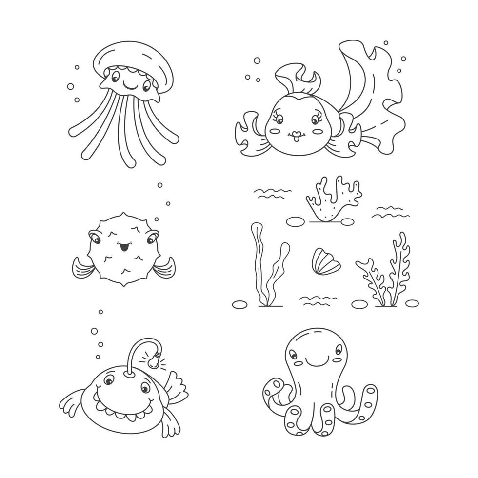 sea life set, doodle, coloring book, coloring page vector