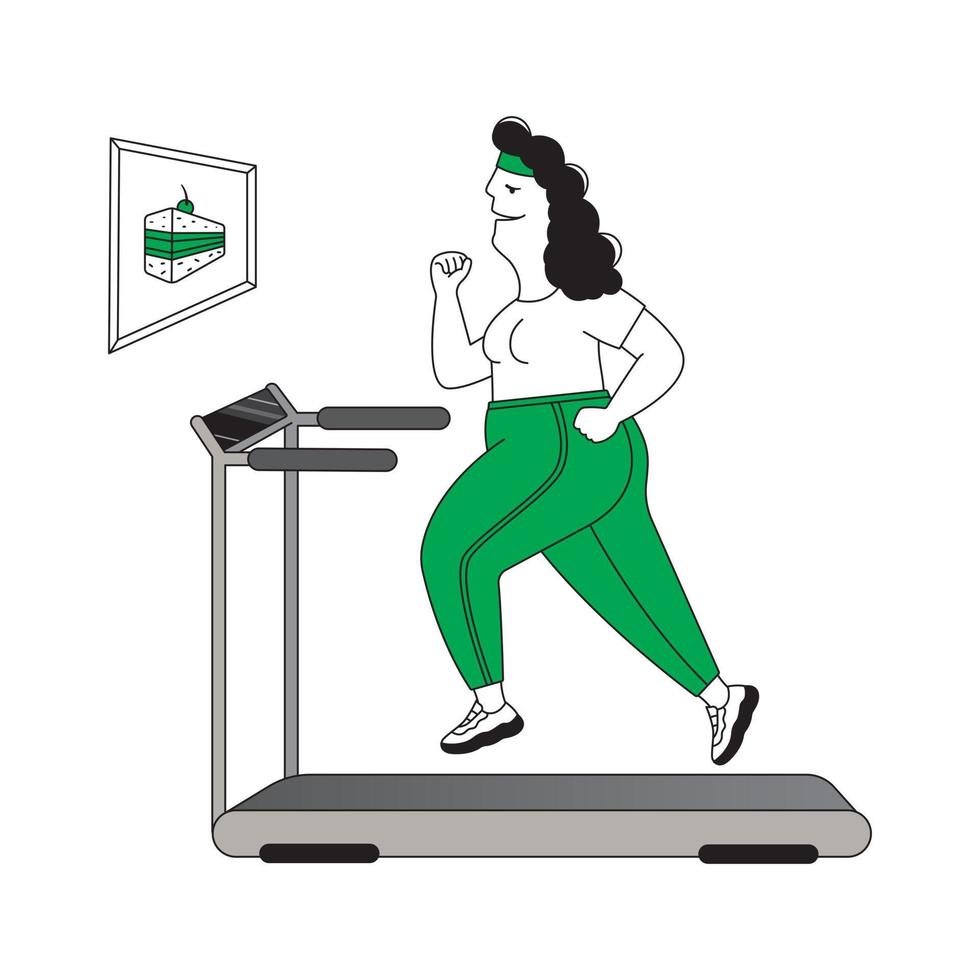 Illustration with humor, fat woman running on treadmill, looking at picture of cake vector