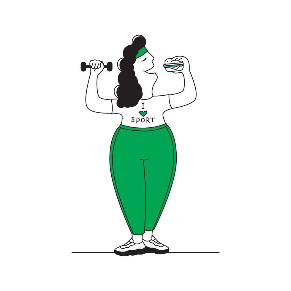 Fat woman works out and eats a hamburger, humorous illustration vector