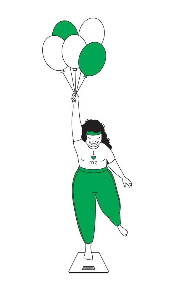 A humorous illustration of a fat girl standing on a scale holding balloons vector
