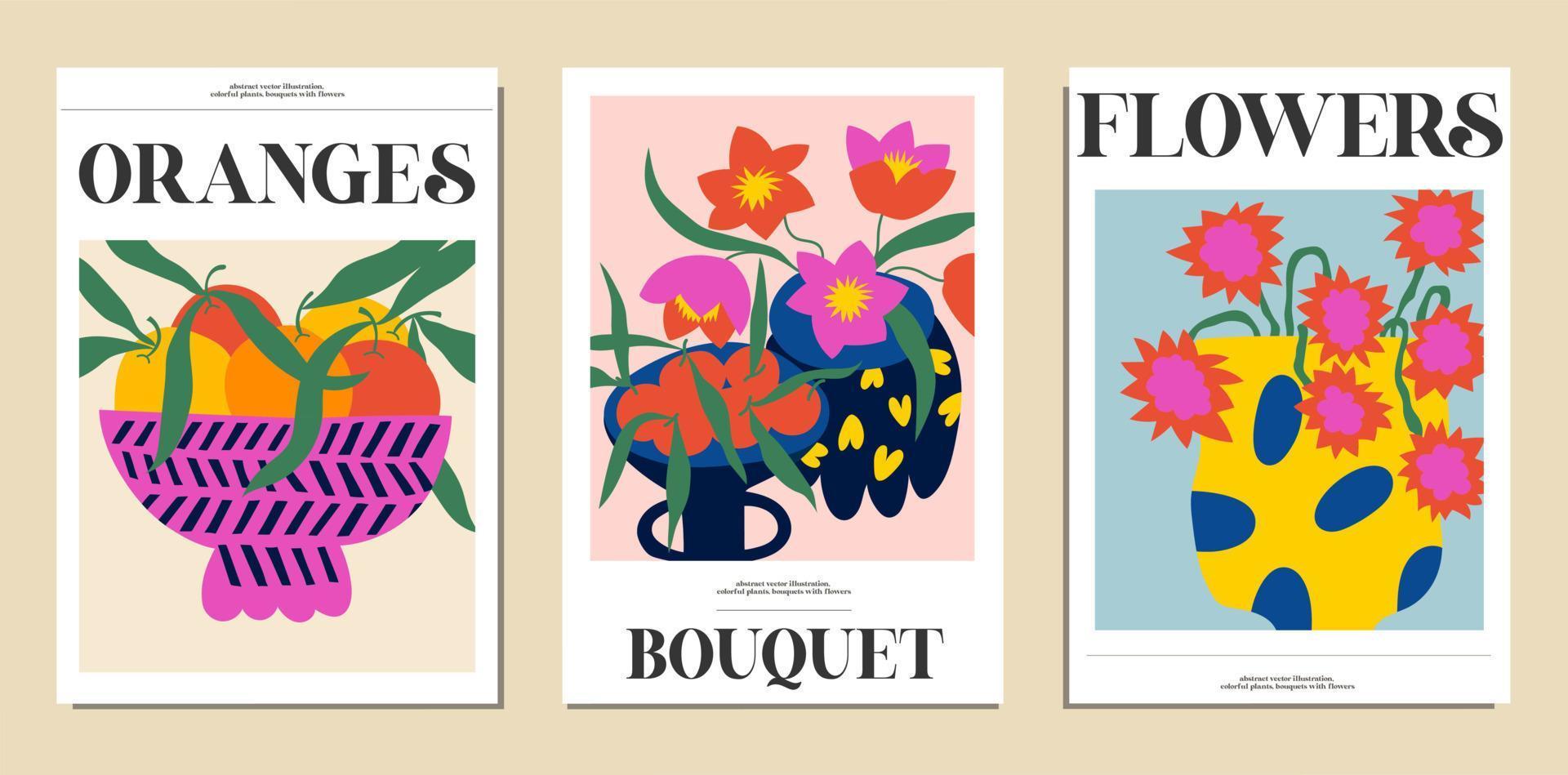 Set of bouquets with flowers. Interior painting. Colorful illustrations of flowers for covers, pictures. Vector illustration.