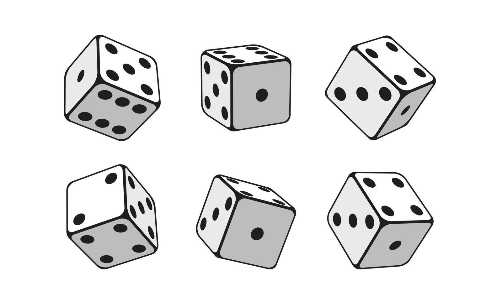 Casino flat dice set isolated vector illustration for gambling games design, tabletop or board games craps and poker. White cubes with random numbers of black dots or pips and rounded edges