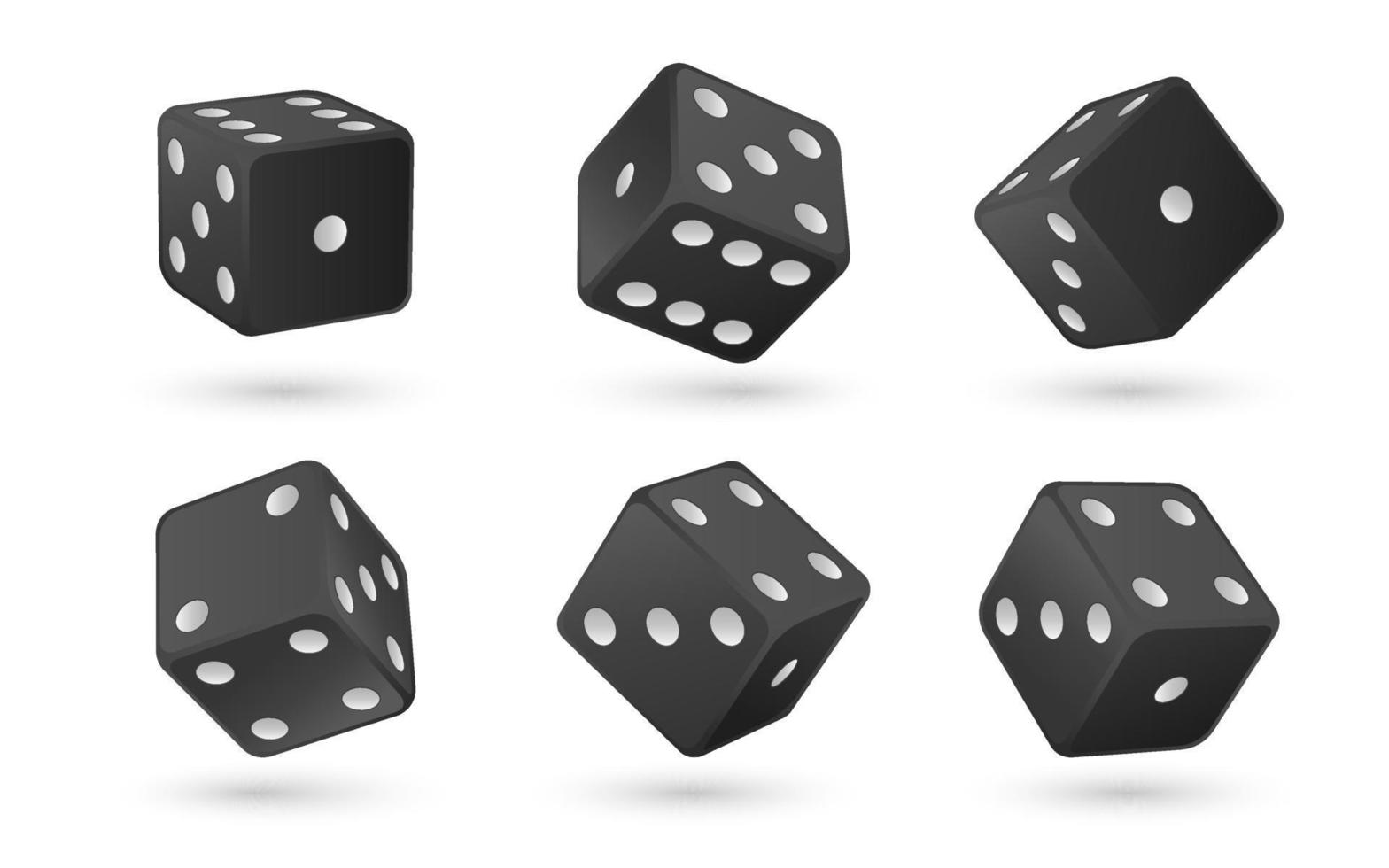 Casino realistic dice set isolated 3d  vector illustration for gambling games design, craps, tabletop, board games. Black cubes with random numbers of white dots or pips and rounded edges