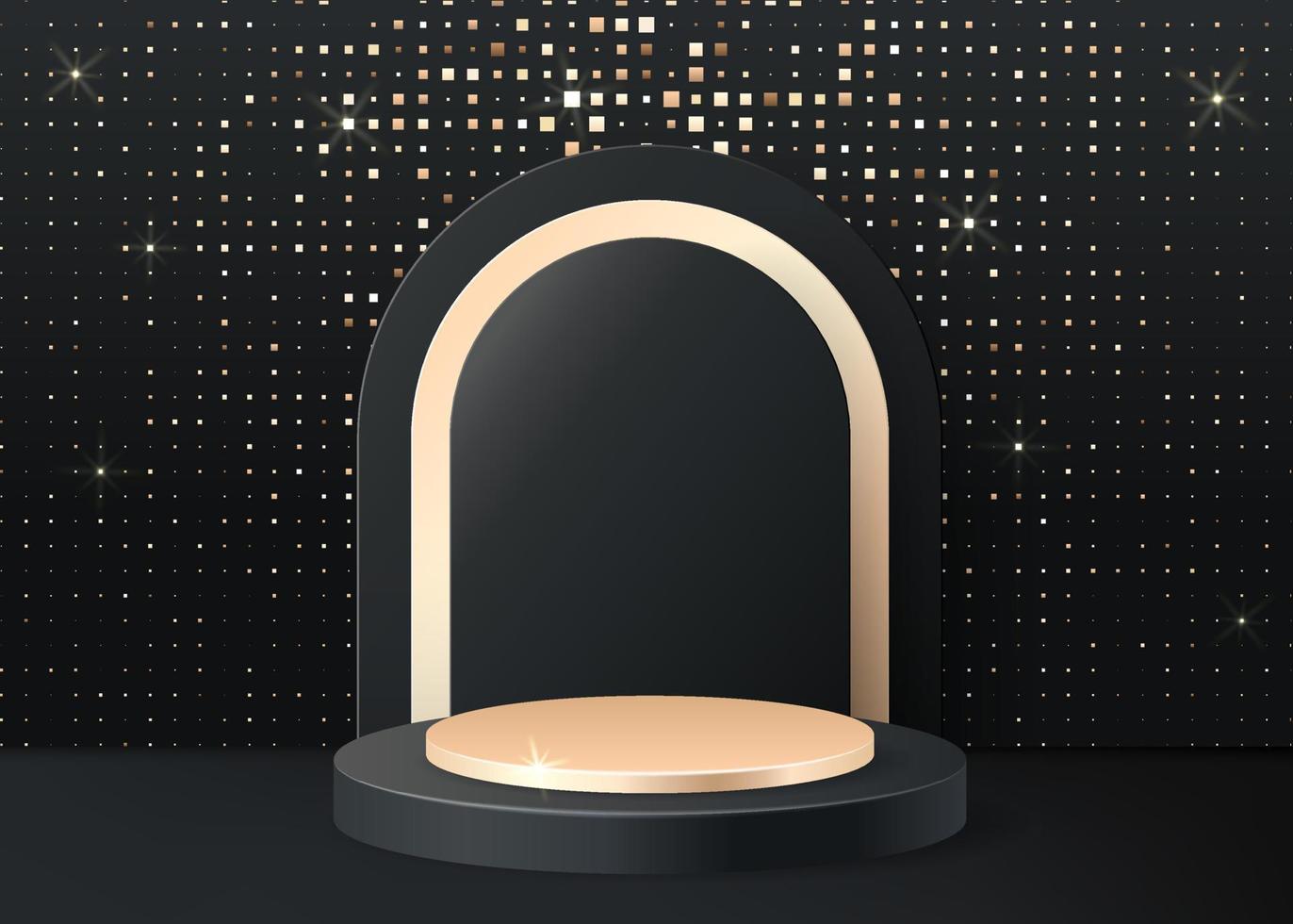 Black 3d background product display podium scene with golden geometric platform. Stand to show cosmetic product. Realistic stage showcase on pedestal display backdrop. Premium studio, mosaic glitter vector