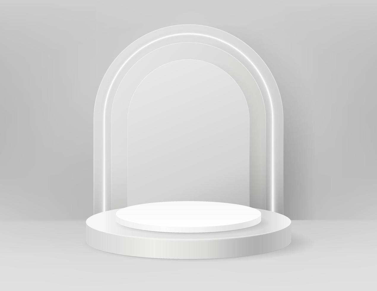 Grey, white color round pedestal podium. Luxury geometric platform, neon light. Abstract minimal wall scene. Vector 3d shape for cosmetic product display presentation. Cylinder in the room interior