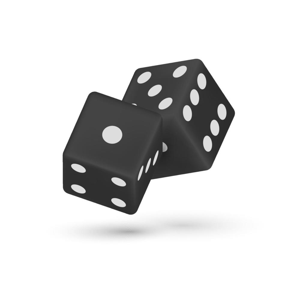 Casino realistic dice isolated 3d  vector illustration for gambling games design, craps, tabletop, board games. Black cubes with random numbers of white dots or pips and rounded edges