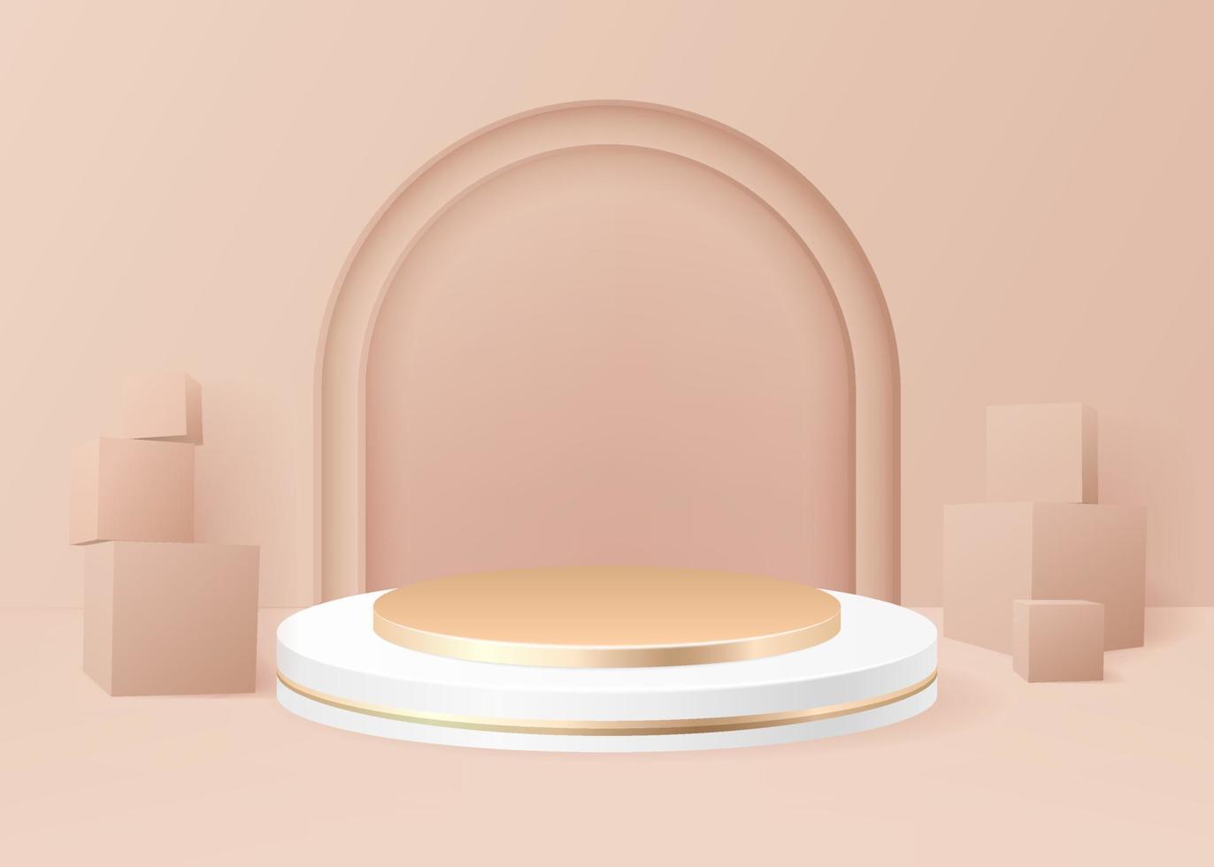 Gold, beige color round pedestal podium. Luxury geometric platform. Cream wall scene with cubes. Vector premium 3d shape for cosmetic product display presentation. Cylinder in the room interior