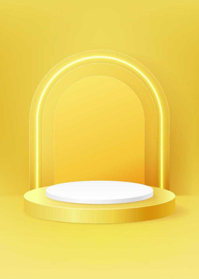 Yellow color round pedestal podium. Luxury geometric platform, neon light. Abstract minimal wall scene. Vector 3d shape for cosmetic product display presentation. Cylinder in the room interior