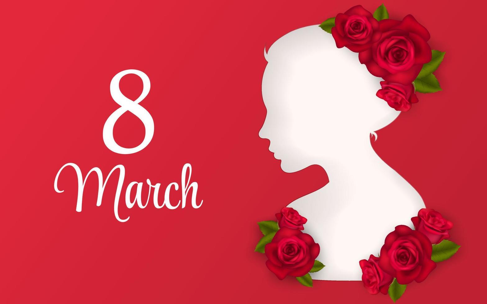 8 marzo saludo bandera con rojo realista rosas flor ramo. mujer cortar fuera silueta, De las mujeres día sitio web encabezamiento vector ilustración. modelo para publicidad, web, social medios de comunicación