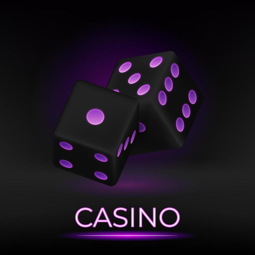 Casino realistic glowing dice 3d  vector illustration for gambling games design, craps, tabletop, board games. Black cubes with neon purple dots.