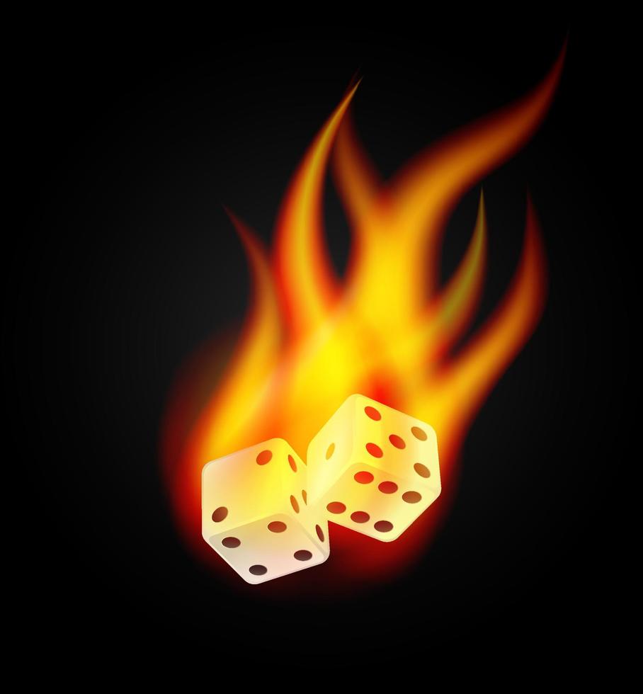 Casino realistic dice in fire 3d vector illustration for gambling games design, craps and poker, tabletop, board games. Burning white cubes with random numbers of black dots and rounded edges