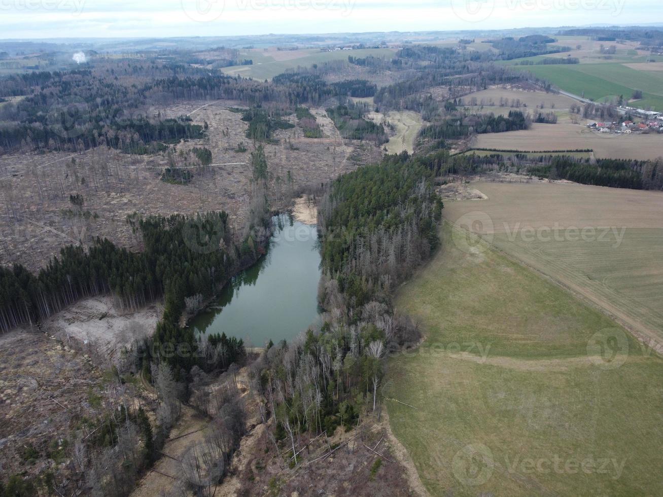 Aerial view of natural pond near the town of Havlickuv Brod, Czech Republic. Forest after bark beetle calamity photo